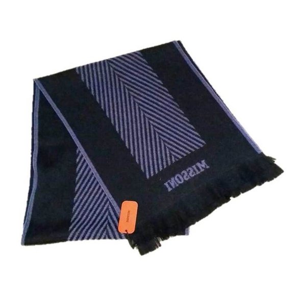 MISSONI Italy CHEVRON Pattern Centered FRINGE Trim WOOL Scarf BLACK / MAUVE - Picture 3 of 3